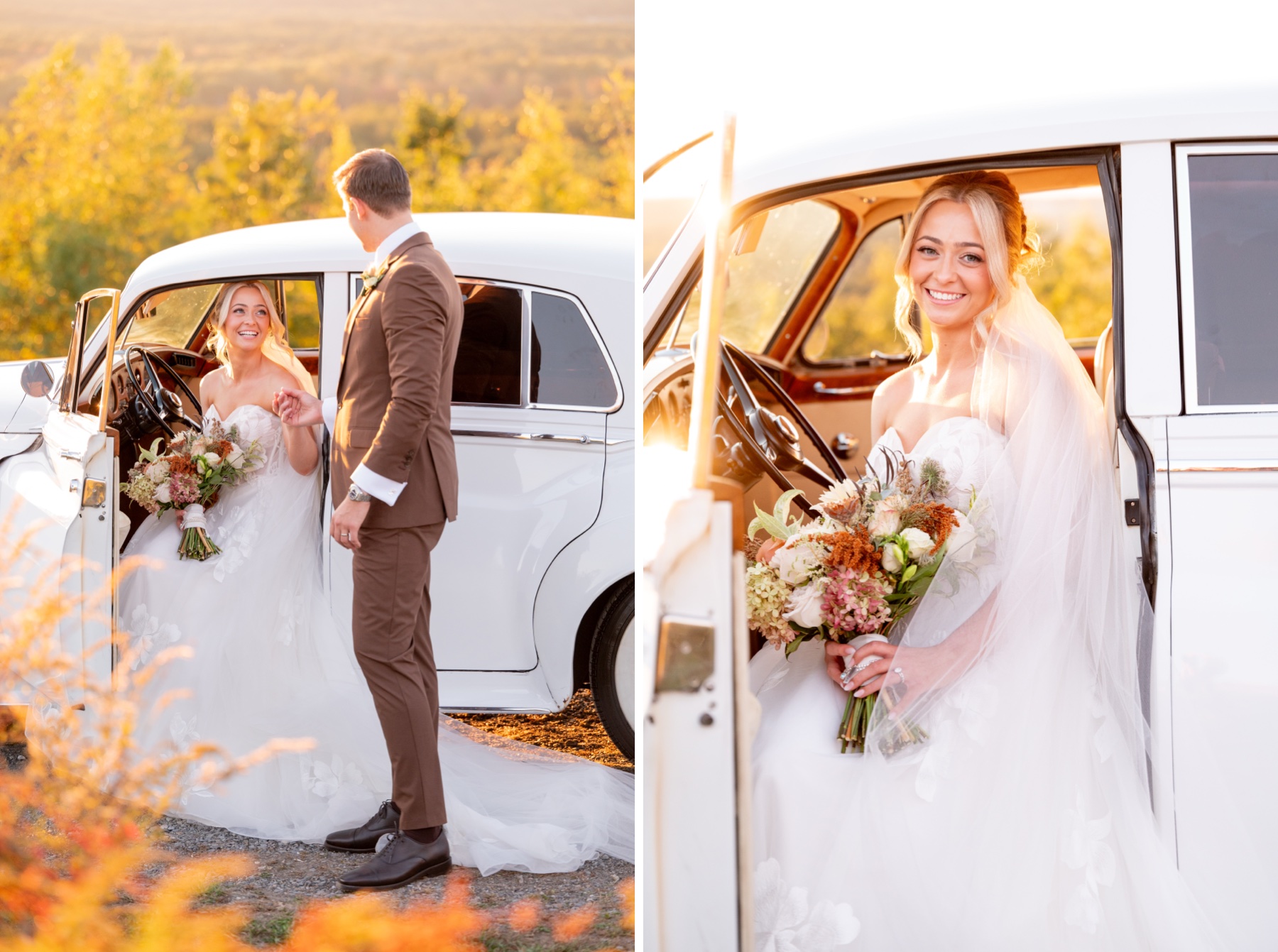 two photos of bride and groom sitting in white vintage car