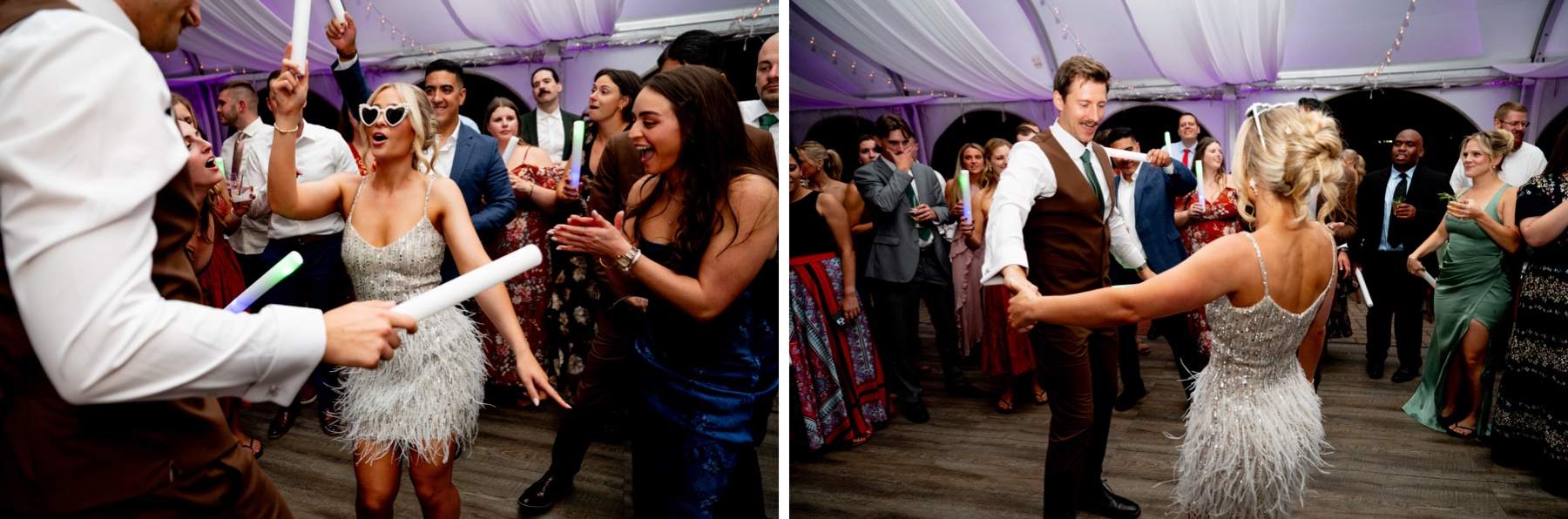 two photos of bride and groom in their second outfit dancing