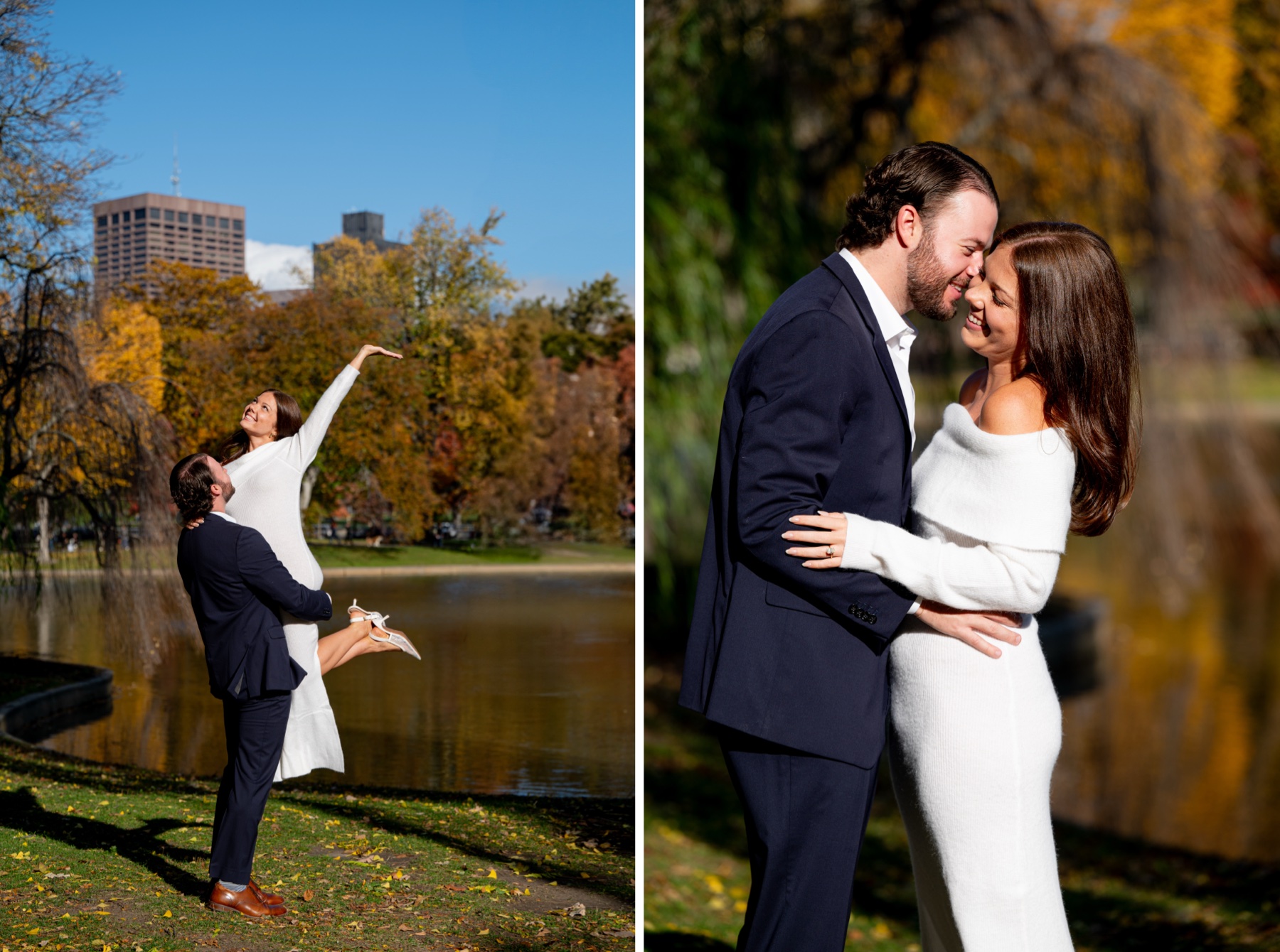 Two photos taken in a park with fall foliage in background - left shows guy lifting his fiancee off the ground in an embrace while right photo show them close up smiling at each other in an embrace