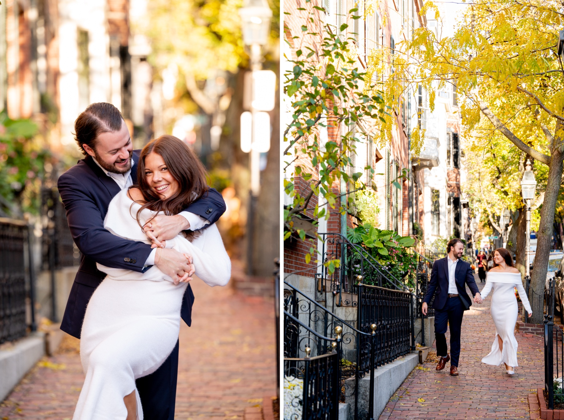 Two photos - close up of couple in an embrace where she is leaning back on him while other photo shows couple walking down a street with fall foliage and brownstone homes